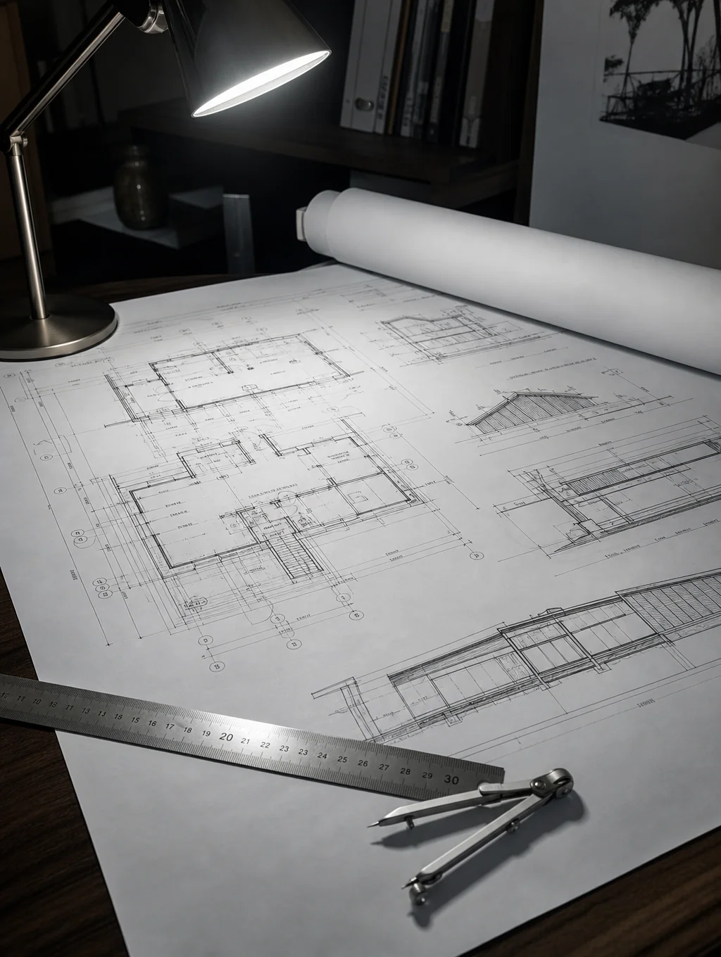 Architectural blueprint detail on a drafting table