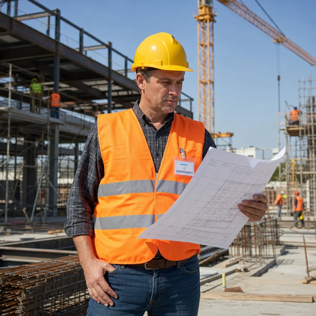 Americo Moscariello reviewing construction blueprints on site