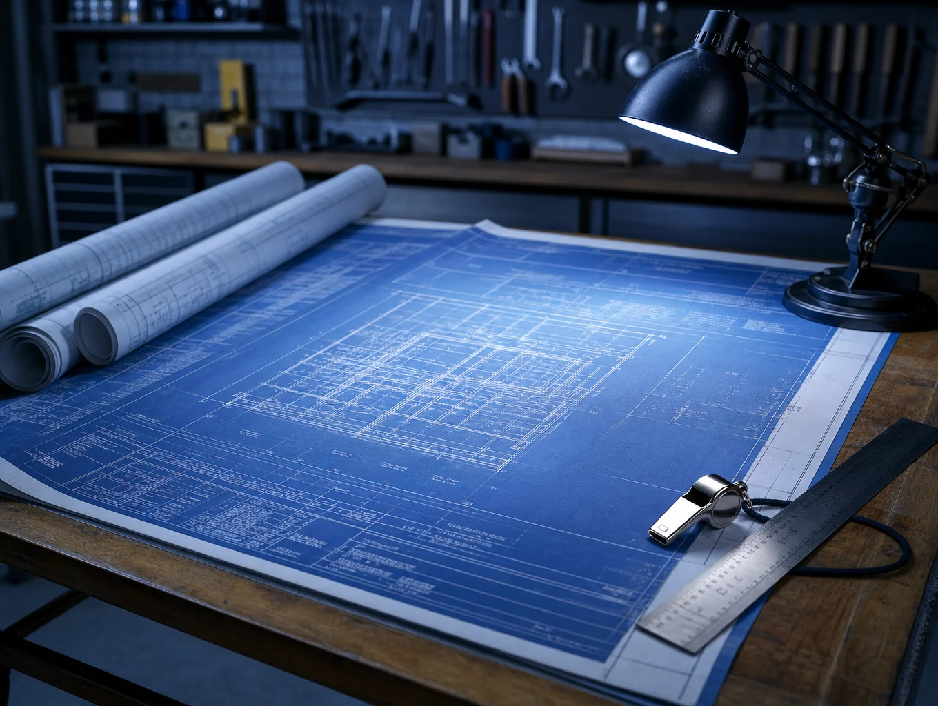 Detailed architectural blueprints laid out on a drafting table