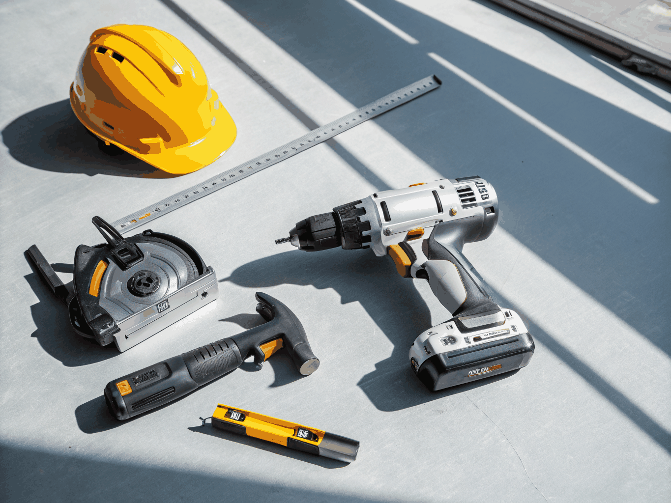 Professional construction tools arranged neatly