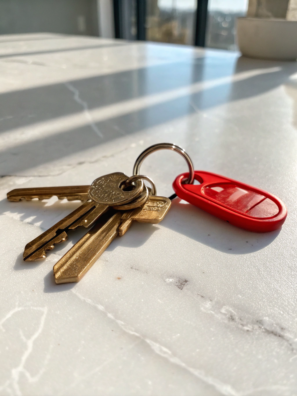 Brass house key on a wooden surface
