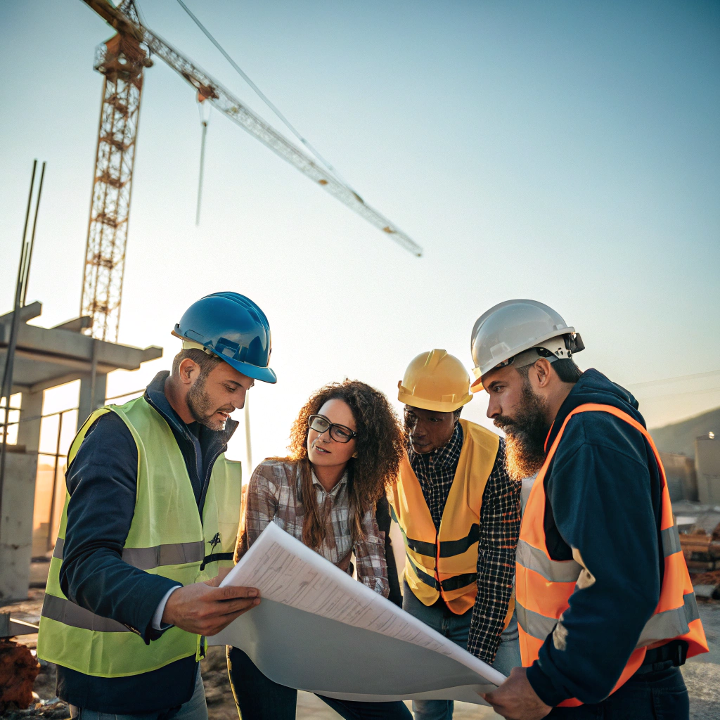 Construction team reviewing blueprints on site